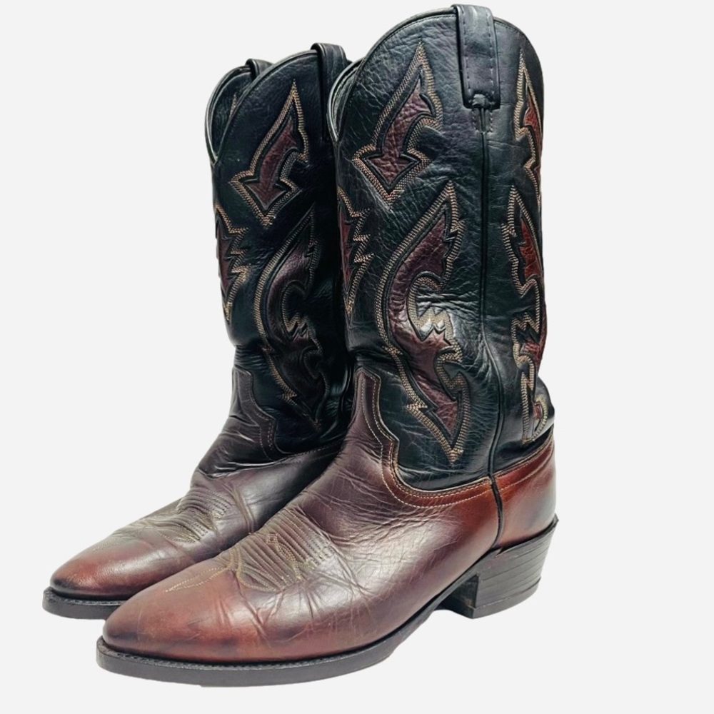 Vintage Dan Post Black/Mahogany Leather Western Cowboy Boots Size 9D